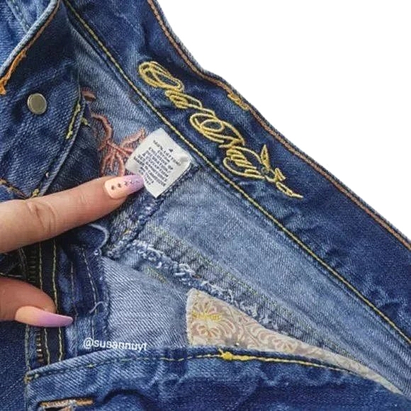 Distressed Embroidered Embellished Frayed Denim Mini Jean Skirt - Picture 6 of 7